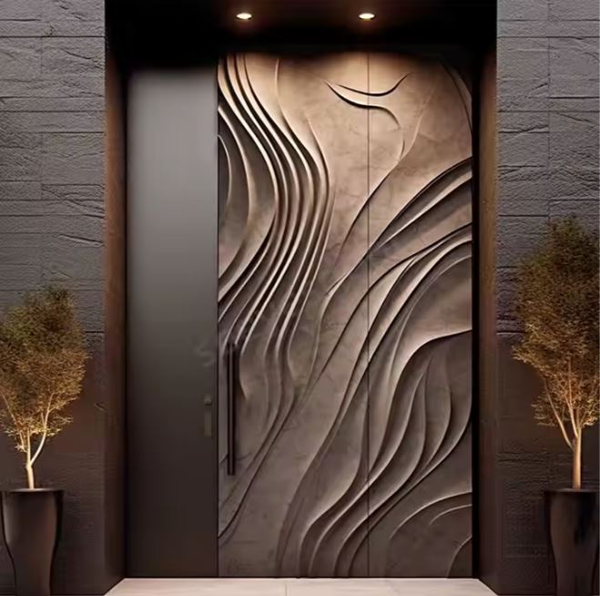 Porte d’Entrée pivotante en Bois Massif et Aluminium – Design Sculptural et Contemporain