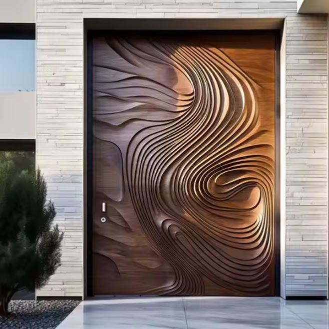 Porte d’Entrée pivotante en Bois Massif et Aluminium – Élégance Sculpturale et Contemporaine