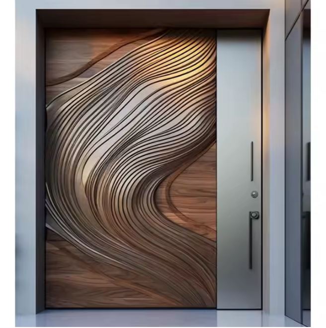 Porte d’Entrée pivotante en Bois Massif et Aluminium – Alliance de Design Sculptural et Sécurité Moderne
