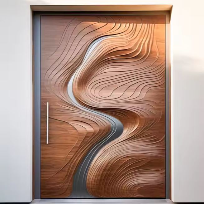 Porte d’Entrée pivotante en Bois Massif et Aluminium – Design Sculptural et Élégance Moderne